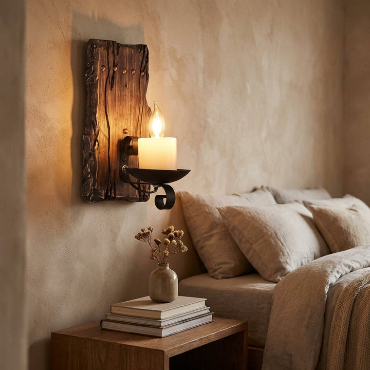 Rustic farmhouse wall sconce with vintage wood fixture & LED lighting, industrial home decor