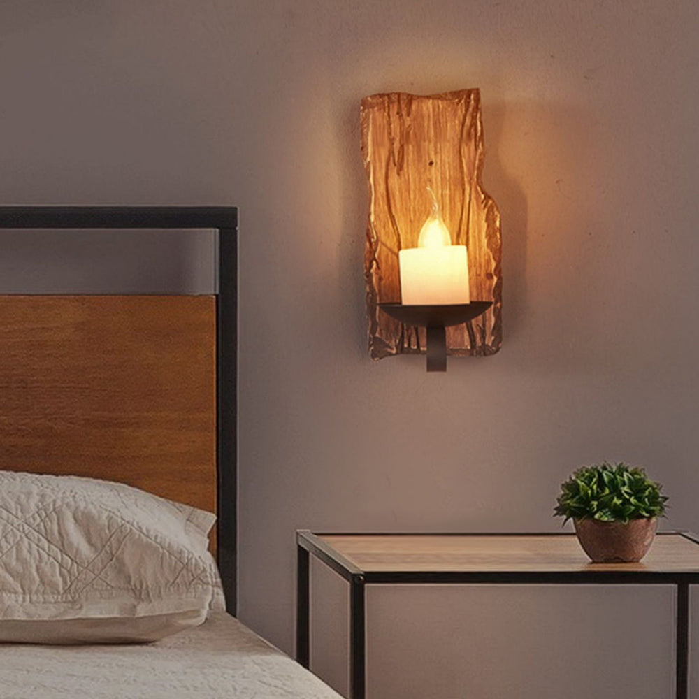 Industrial rustic wall sconce, vintage wood accent & LED lighting for farmhouse interiors