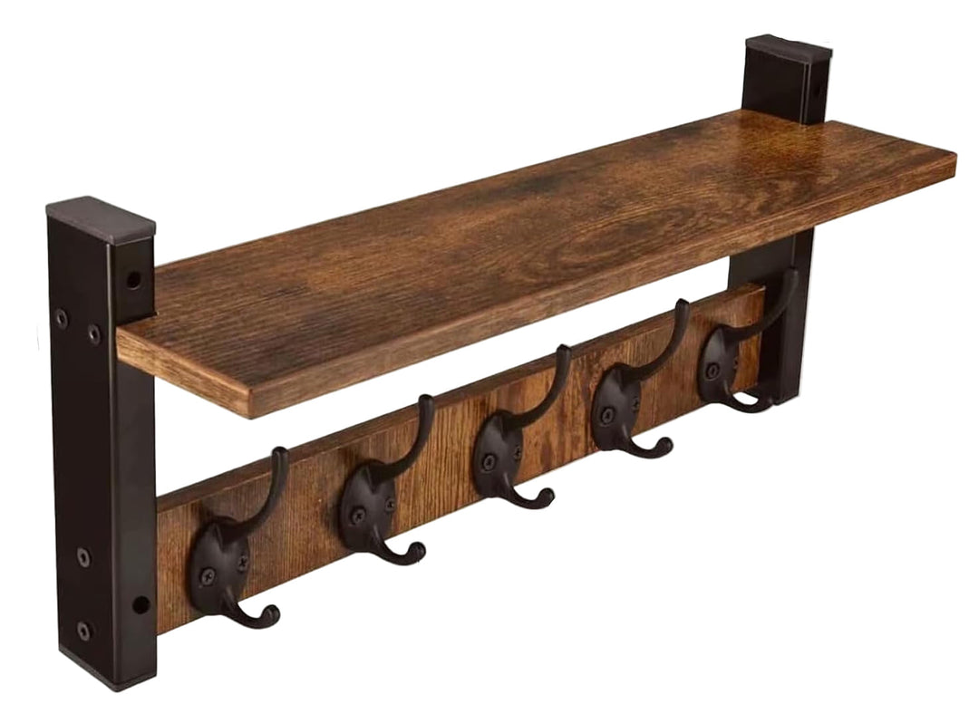 Rustic wall-mounted coat rack with shelf, 5 metal hooks for entryway storage.