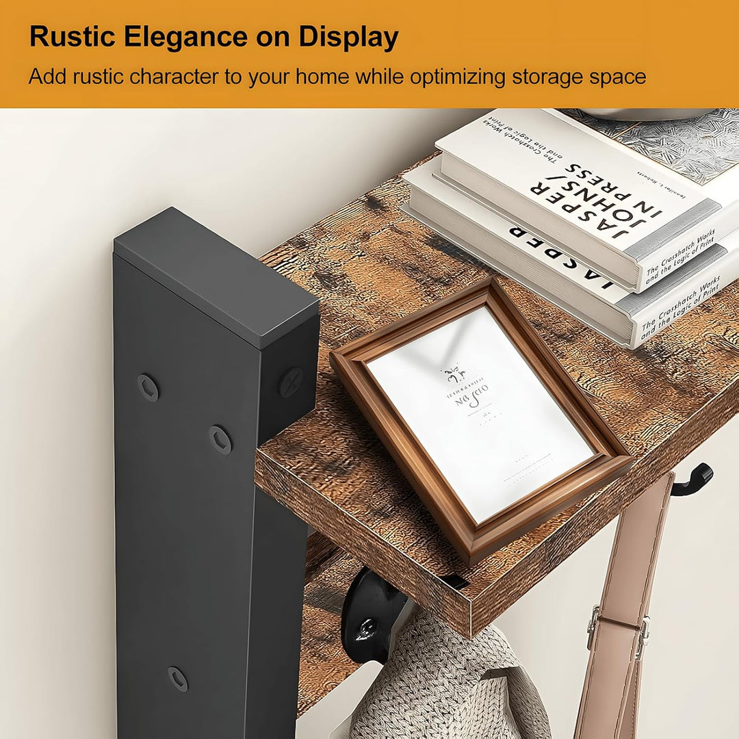 Entryway wall storage: rustic coat rack with integrated shelf and 5 metal hooks.