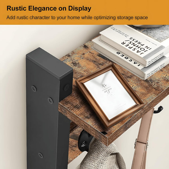 Entryway wall storage: rustic coat rack with integrated shelf and 5 metal hooks.