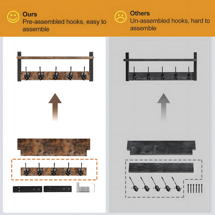 Home furniture: rustic wall-mounted coat rack with shelf and five strong hooks.