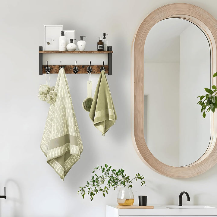 Functional rustic coat rack: wall-mounted organizer with shelf and 5 dark hooks.