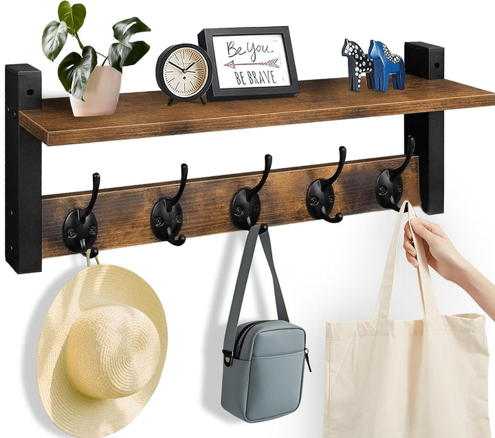 Space-saving entryway organizer: wooden wall coat rack with storage shelf and 5 sturdy metal hooks
