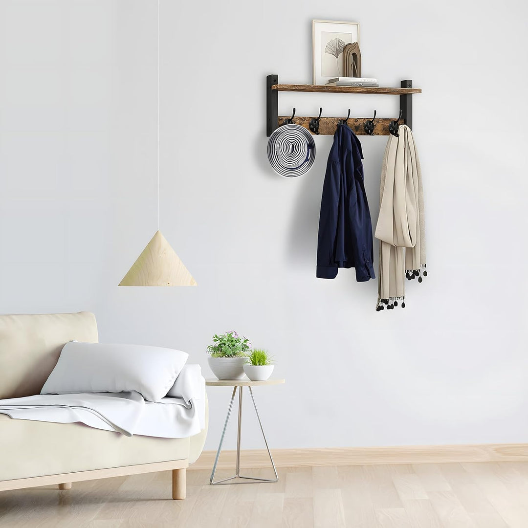 Ravora wall-mounted coat rack with a top shelf and five industrial-style metal hooks, rustic finish