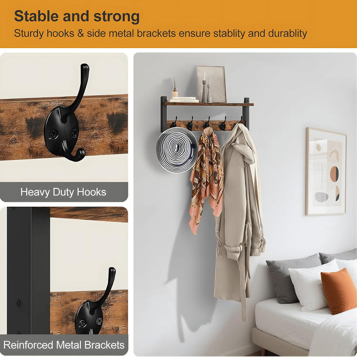 Close-up of the durable metal hooks on a rustic wall-mounted coat rack with integrated storage shelf