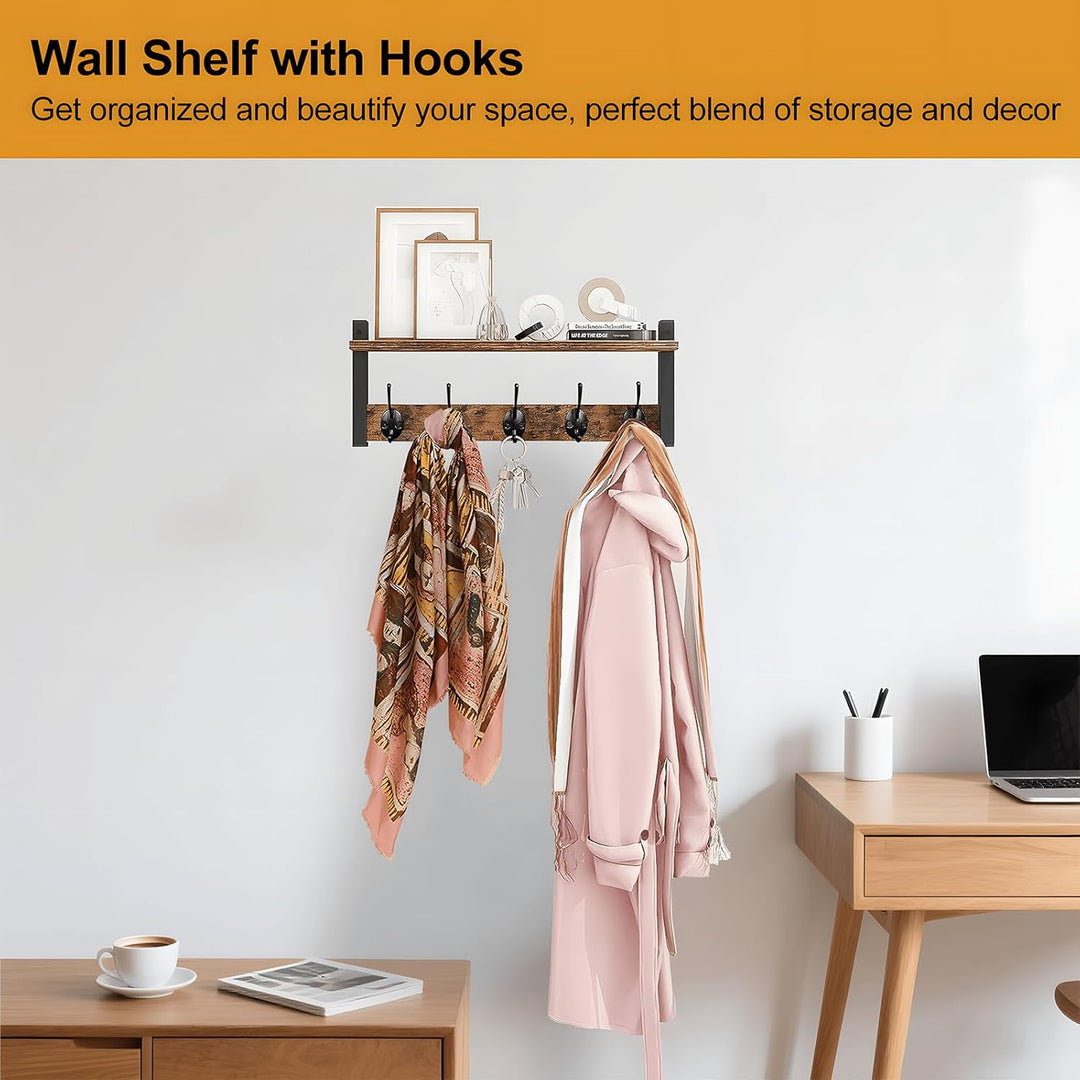 Stylish home organization solution: wooden wall coat rack with shelf for display and 5 metal hooks