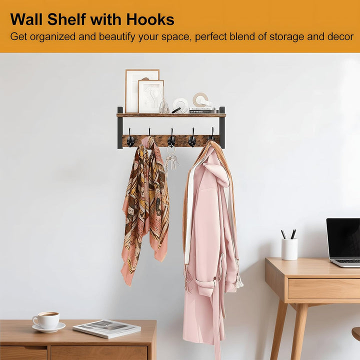 Stylish home organization solution: wooden wall coat rack with shelf for display and 5 metal hooks