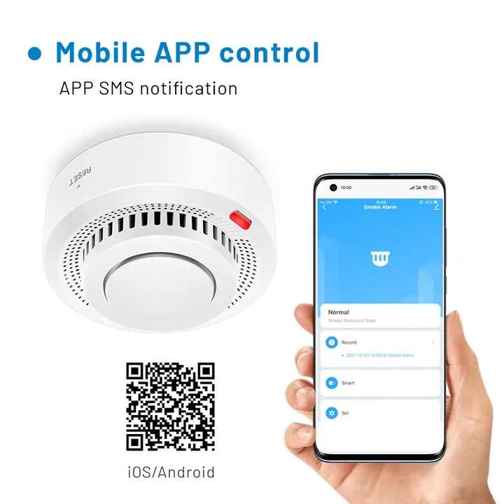 SafeSense Smart WiFi Smoke Detector Fire Alarm with smartphone screen showing app integration and alerts.