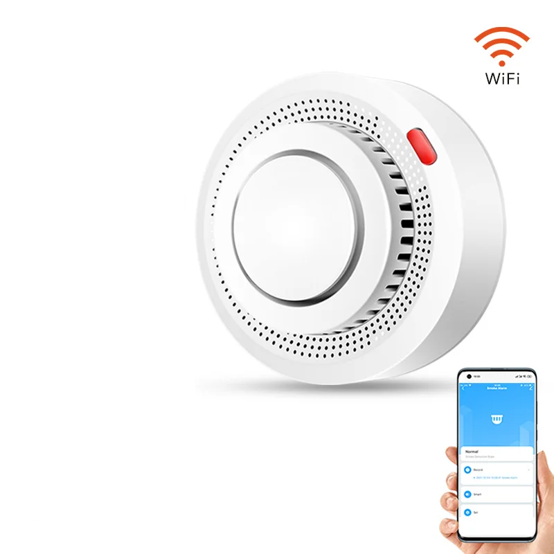 Illustration of SafeSense Smart WiFi Smoke Detector detecting smoke and sending an emergency alert.