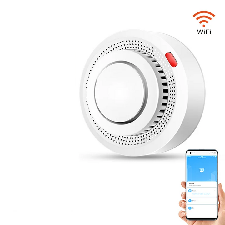 Illustration of SafeSense Smart WiFi Smoke Detector detecting smoke and sending an emergency alert.