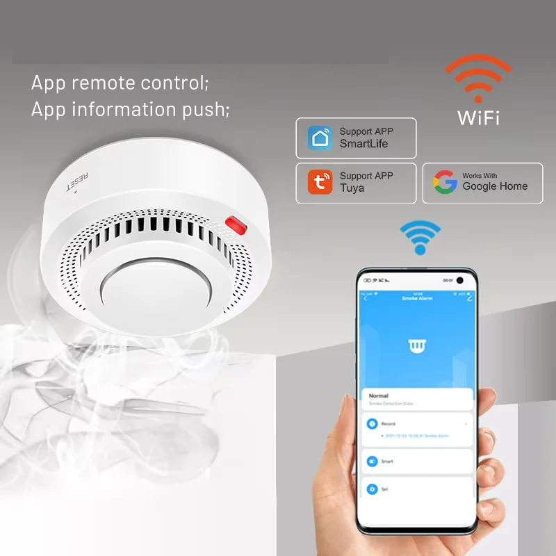 SafeSense Smart WiFi Smoke & Heat Detector Fire Alarm next to a measuring tape, showing its precise dimensions.