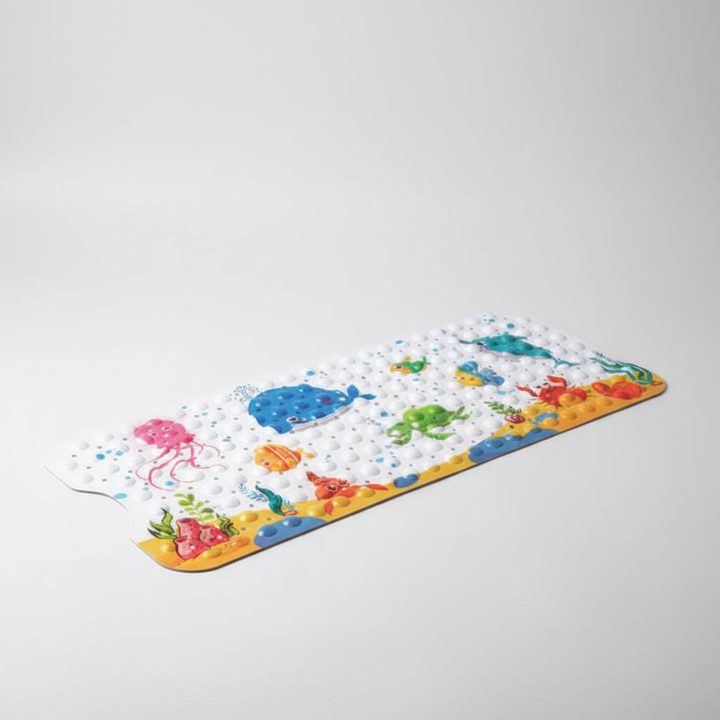 Durable PVC anti-slip shower mat for kids, featuring a fun animal cartoon design and reliable suction cups.