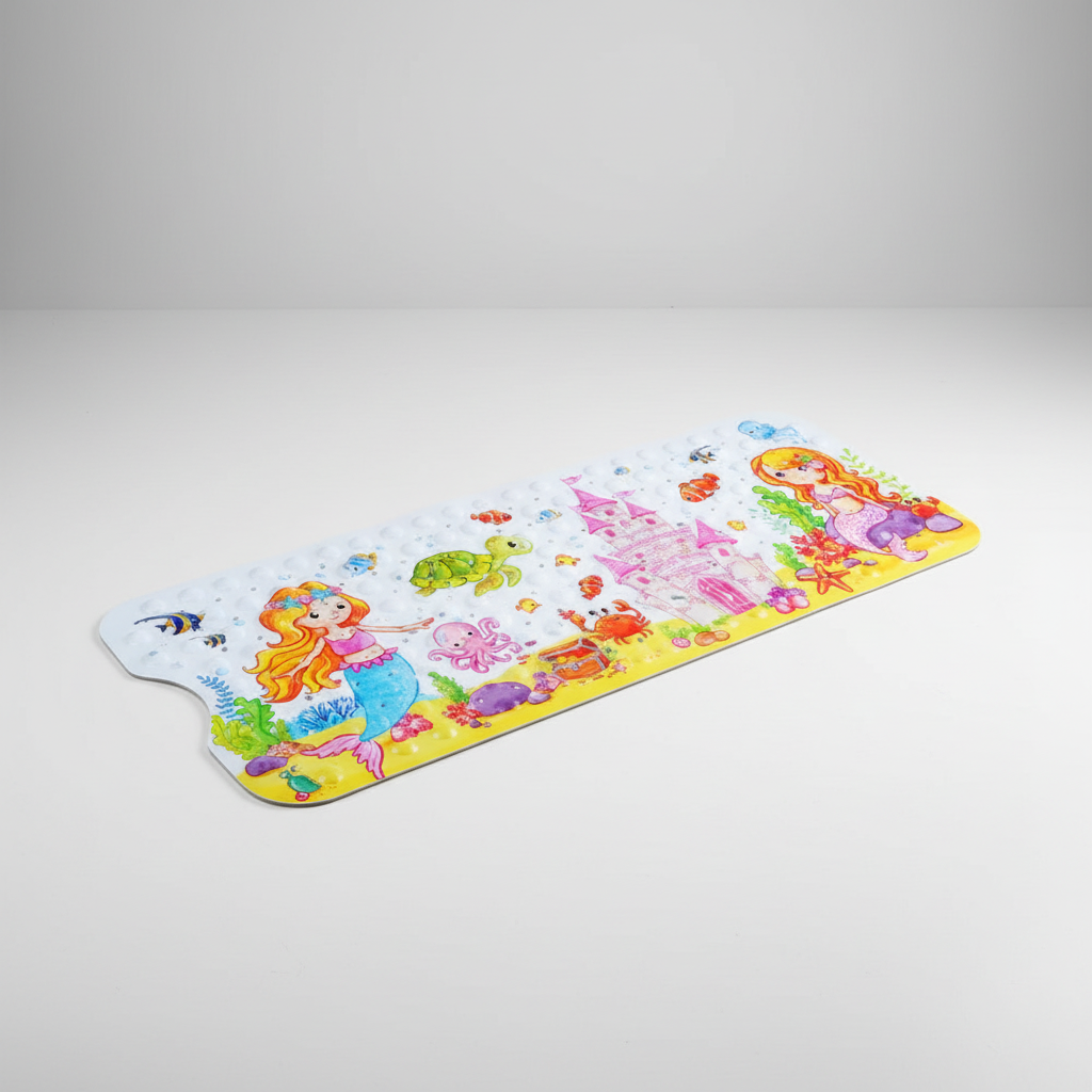Colorful children's anti-slip shower mat, ensuring non-slip bath safety with its robust suction cup design.