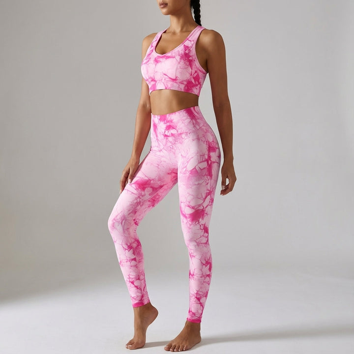 Back view of a woman in a seamless workout set, showing ribbed details on sports bra and leggings