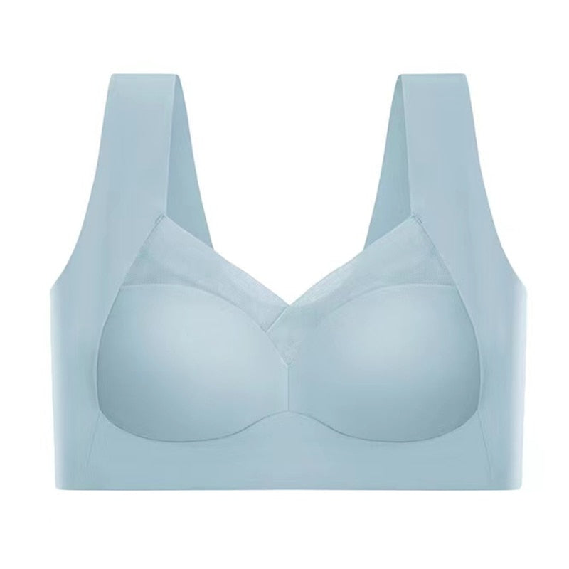 Side view of a women's seamless comfort bra, demonstrating its flattering shape
