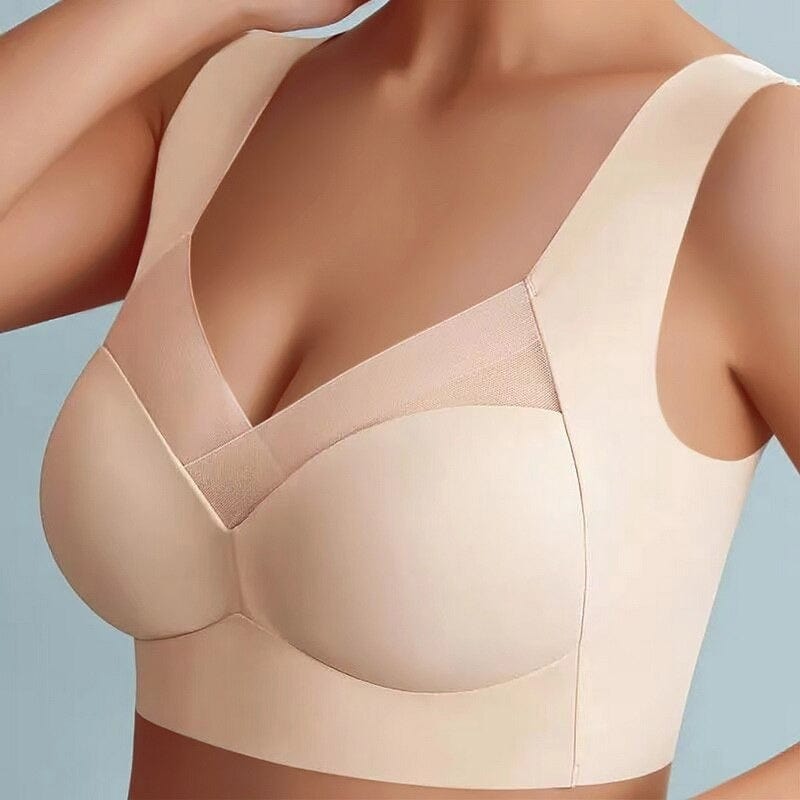 Close-up of the strap detail on a comfortable seamless wirefree bra, thick for support