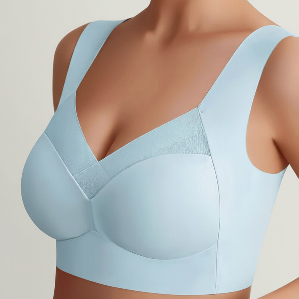 Overhead shot of a seamless polyamide push-up bra, highlighting its smooth wirefree design