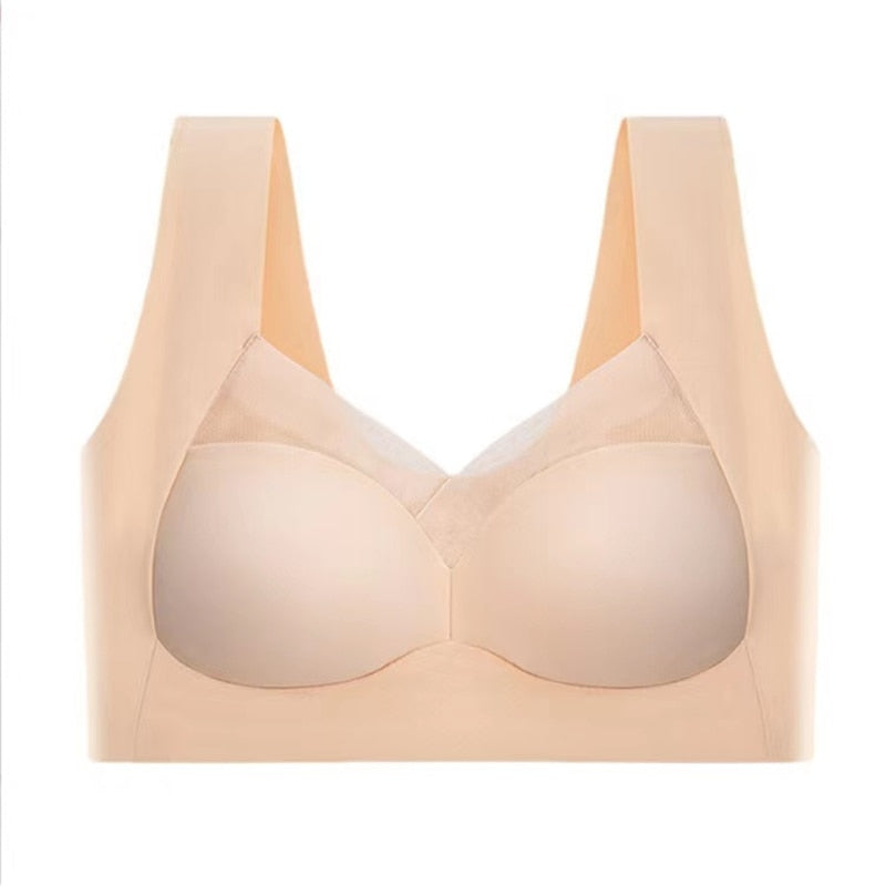 Detail of the seamless construction of a women's bra, emphasizing its smooth finish