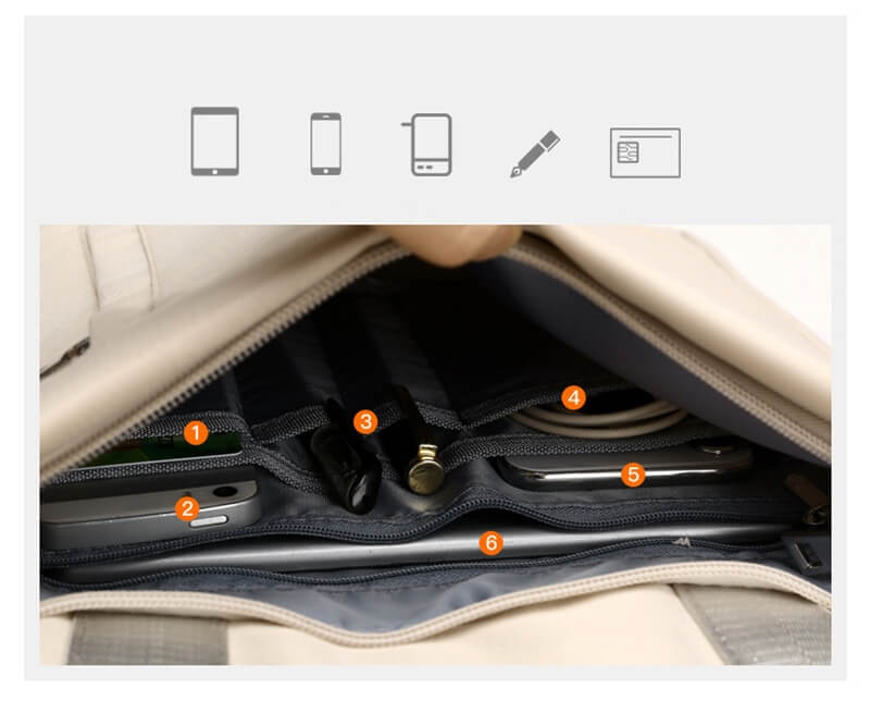 Front view of anti-theft backpack showing sleek design, hidden zippers and discreet USB charging port.