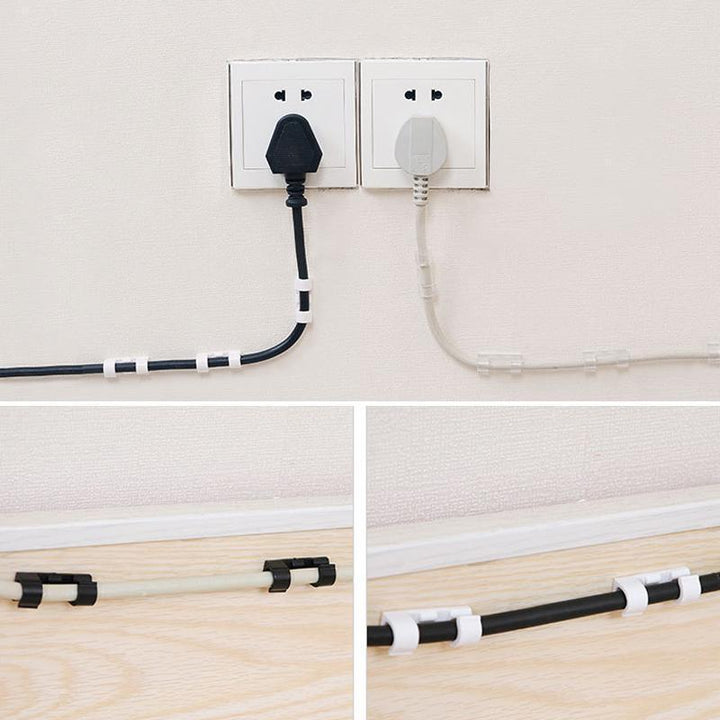 Wall-mounted wire management clips for routing electronics cables neatly & decluttering floors.