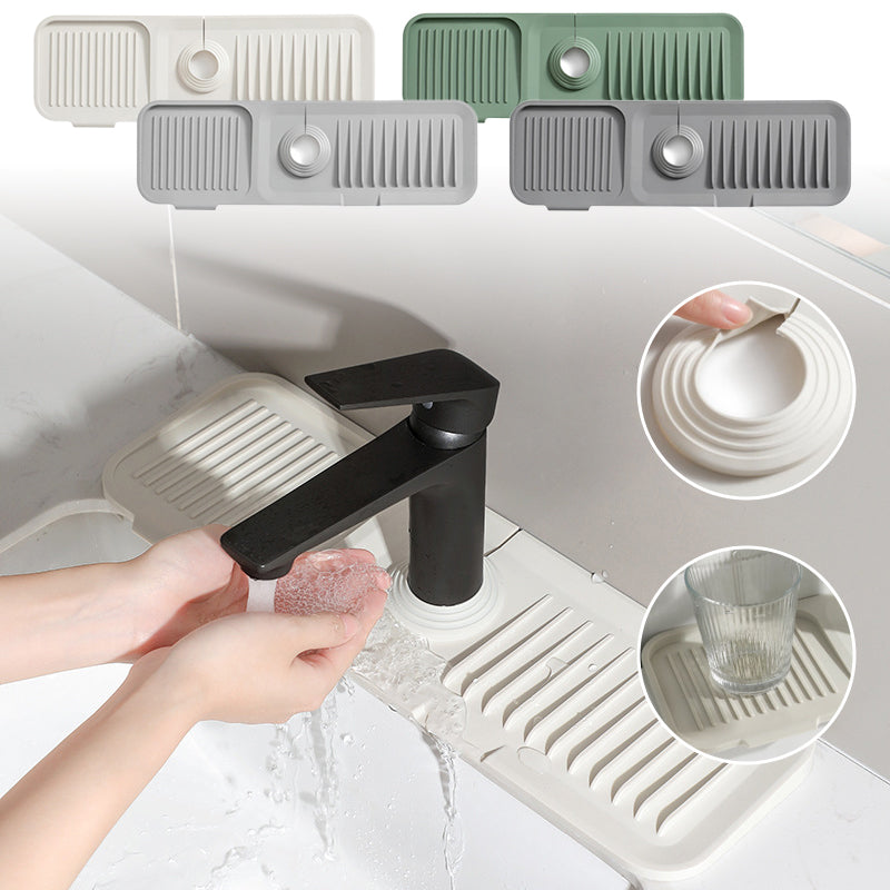 Multi-purpose silicone drying mat; self-draining design for kitchen & bathroom countertops.