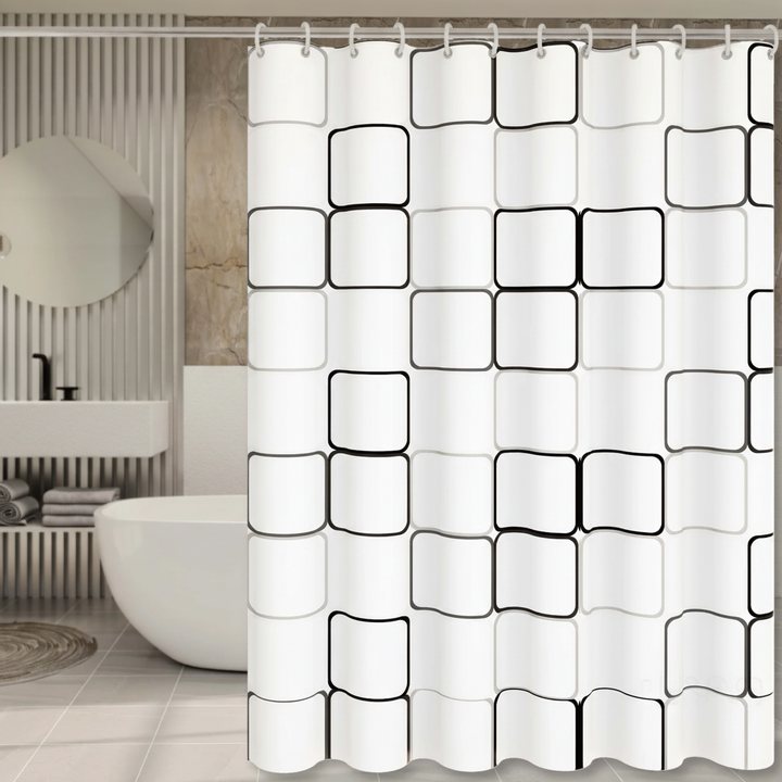 Semi-transparent shower curtain with a subtle checked pattern, ideal for a modern bathroom.