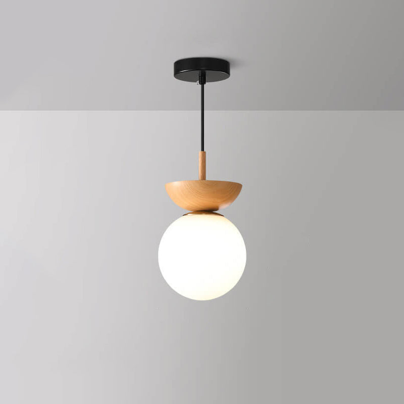 Sleek spherical LED ceiling lamp. Japanese wood effect, contemporary interior lighting.