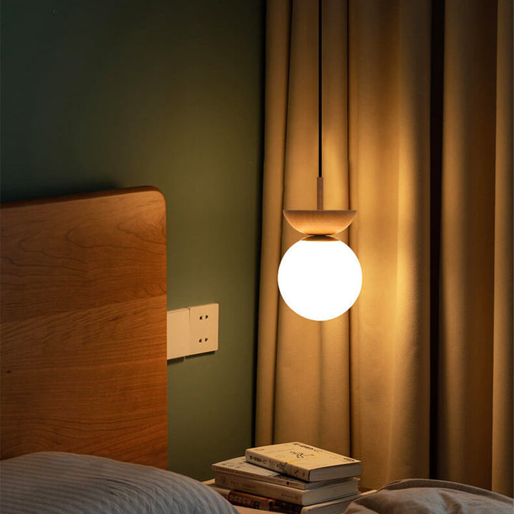 Modern walnut wood LED ceiling lamp. Spherical design, ideal for hallway lighting.