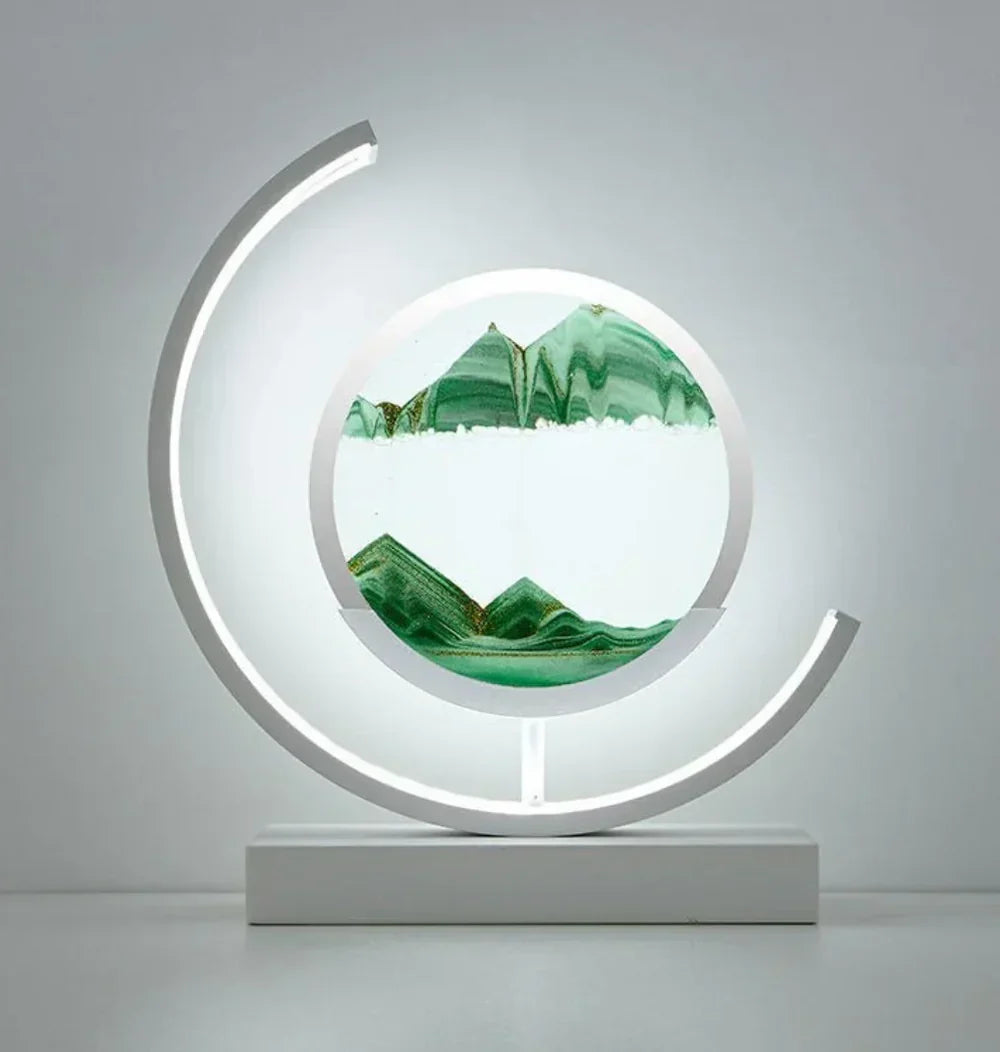 Serenova sand art lamp illuminating a modern living space, creating a calming atmosphere with its gentle glow.
