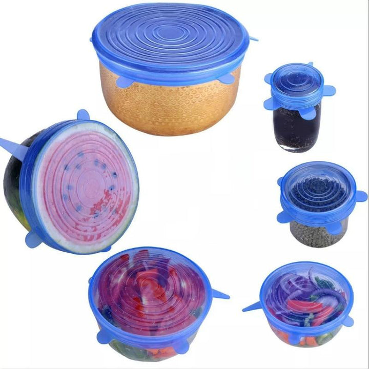 Set of 6 reusable silicone stretch lids, keeping food fresh & airtight in various containers.