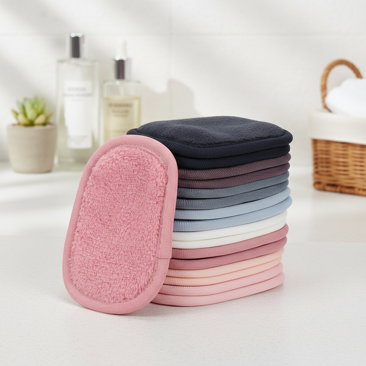 Seven reusable makeup remover pads, CleanAway brand, eco-friendly microfiber for gentle facial cleansing