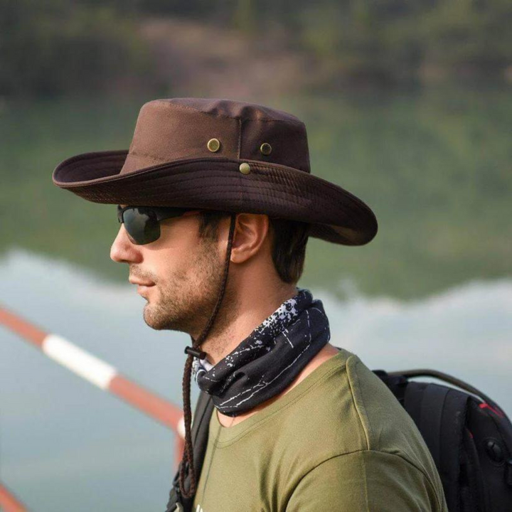 Front view of the ShieldFlex Pro water-resistant bucket hat in a neutral color