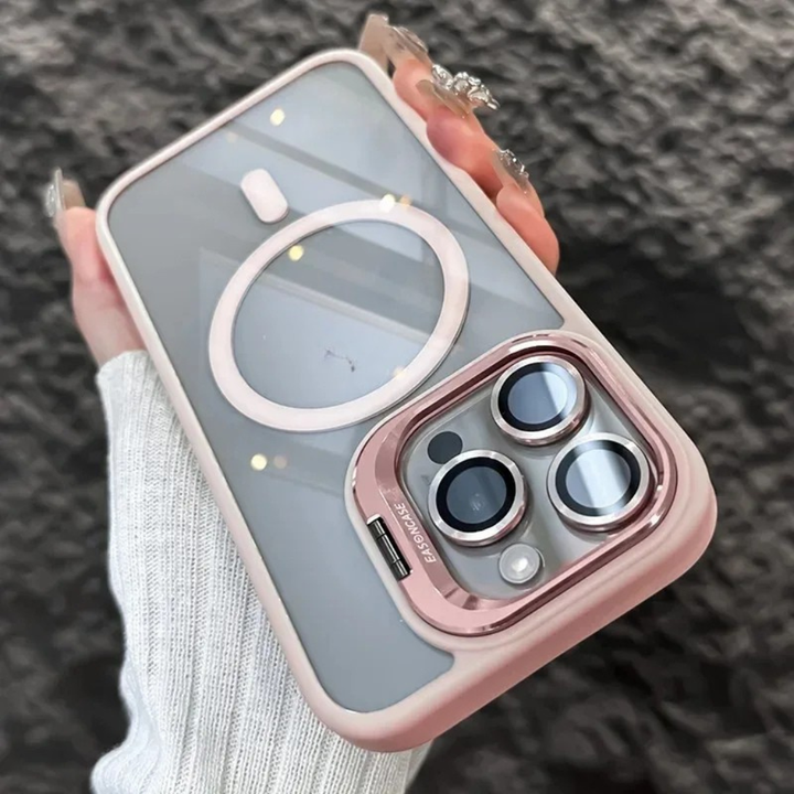 Gray shockproof magnetic phone housing with a clear lens guard and an adjustable viewing stand