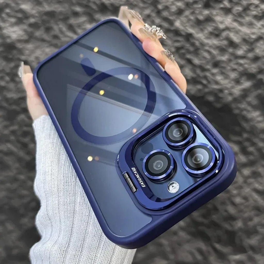 Protective phone cover with magnet array, lens protection, and stand, purple color option