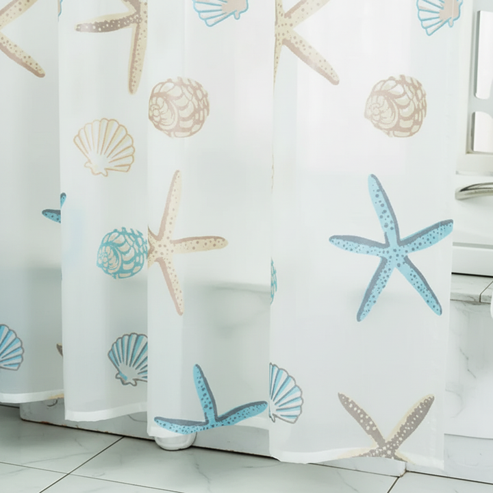 Elegant polyester shower curtain, waterproof and mold-resistant ShoreGuard, perfect for modern bathroom decor.
