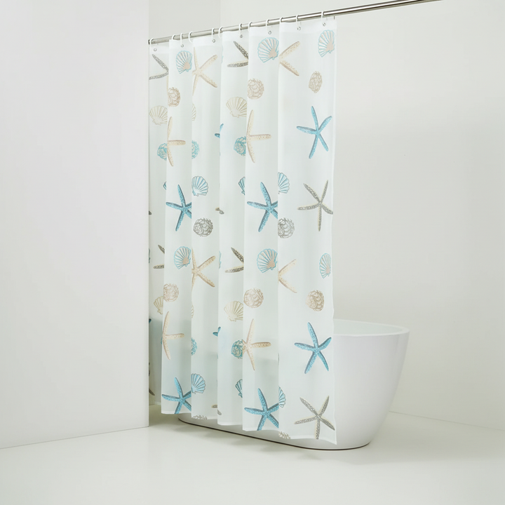 High-quality waterproof polyester shower curtain, ShoreGuard, offering durability and mold resistance.