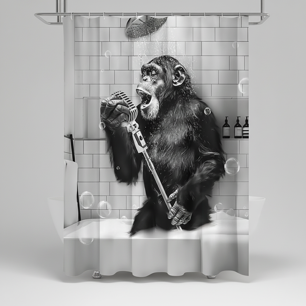 Novelty monkey shower curtain for bathroom, black and white design, water repellent fabric, unique home decor