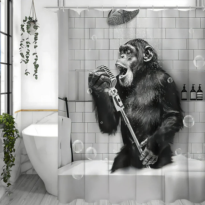 Water repellent shower curtain with humorous monkey design, black and white, perfect for bathroom decor