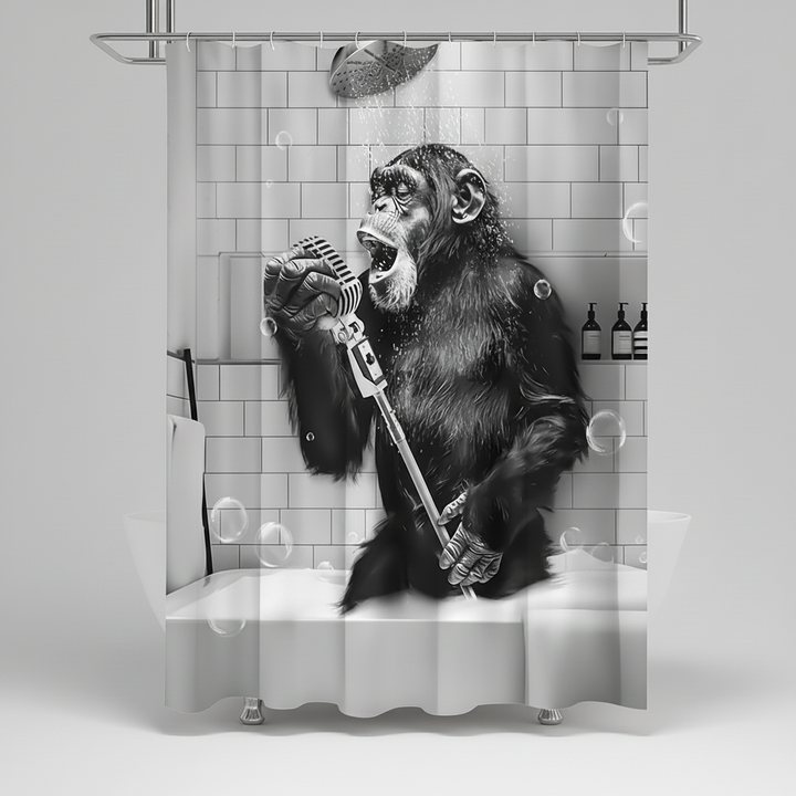 Humorous monkey themed shower curtain, black and white print, quality polyester for a funny bathroom