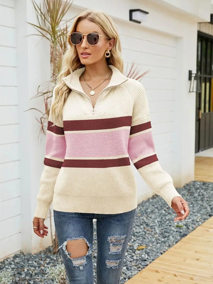 Warm women's half-zip pullover sweater in Sienna, ideal for fall & winter layering outfits.