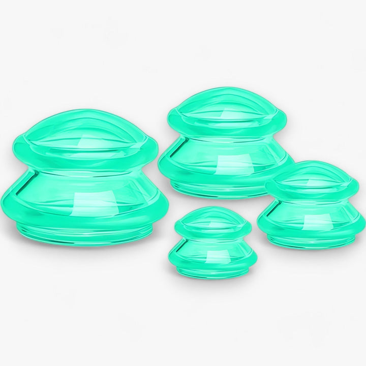 Reusable silicone cupping massagers set for women's at-home anti-cellulite therapy. Skincare beauty tool.