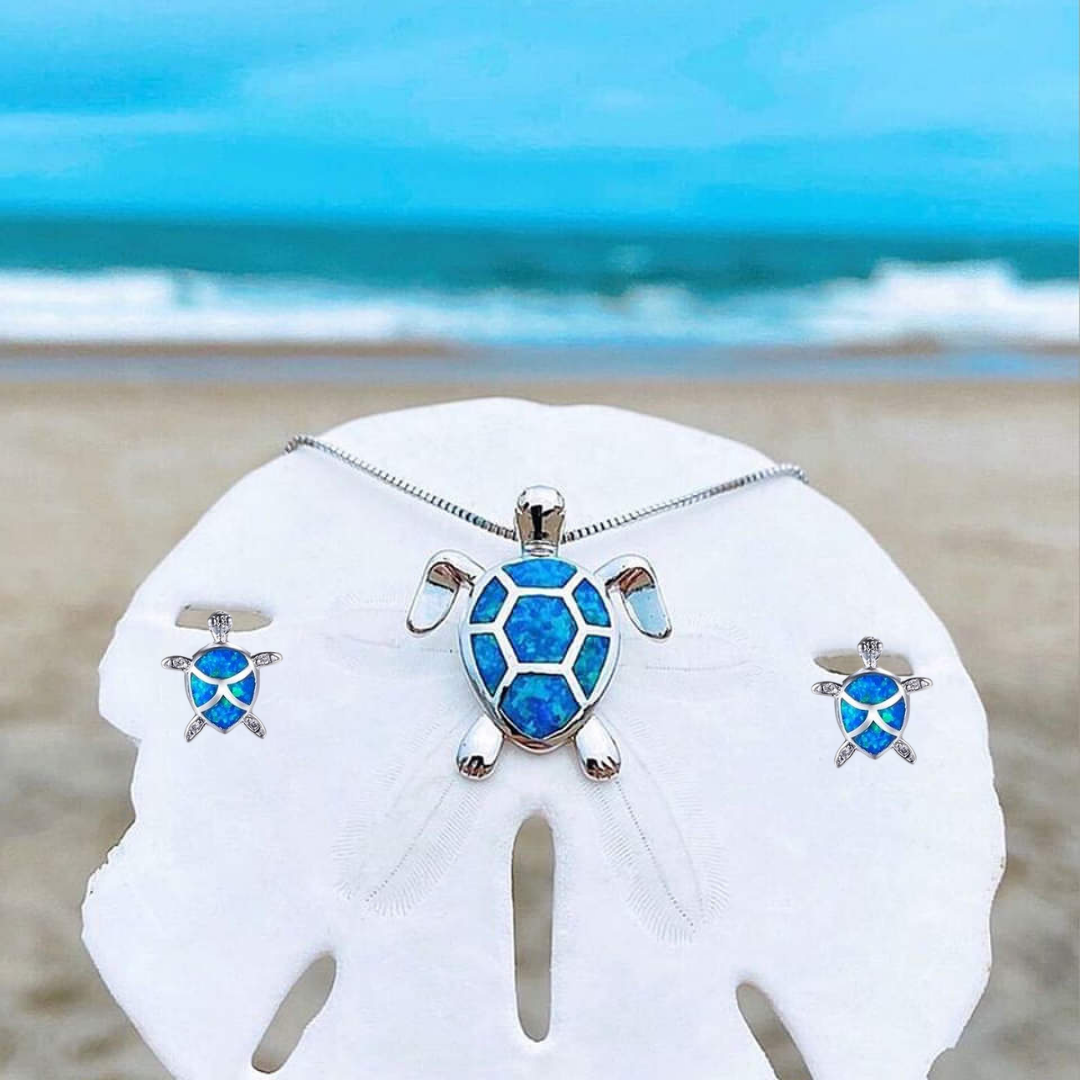 Silver sea turtle opal necklace & matching earrings for women. Ocean-inspired marine life jewelry set.
