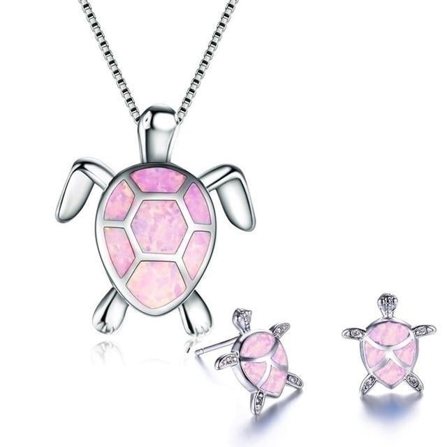 Complete women's silver sea turtle jewelry set with opal. Ocean-inspired gift, elegant marine life design.