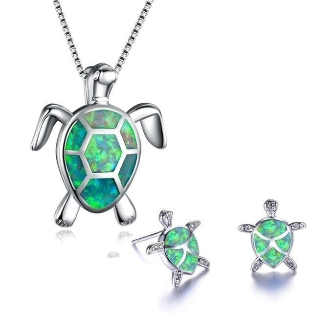 Sterling silver sea turtle opal necklace & earring set for women. Animal jewelry, marine life, ocean design.