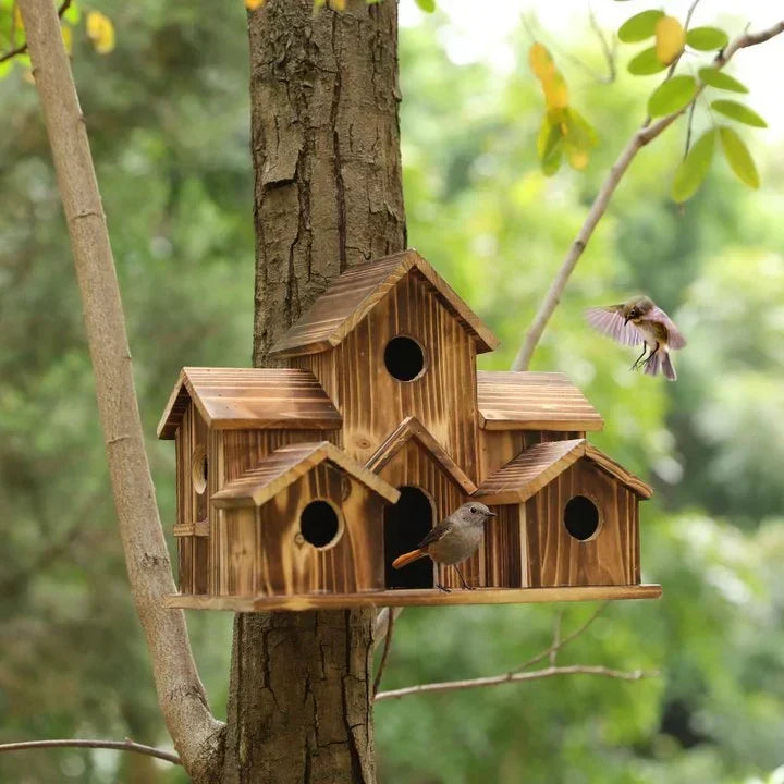 Large six-entrance wooden birdhouse in a natural garden setting, ideal for outdoor bird nesting.