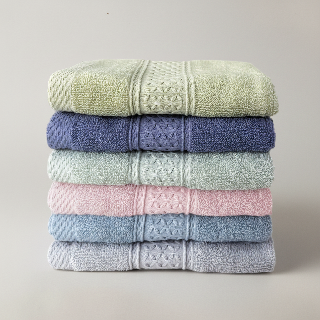 Stacked cotton bath, hand, and wash towels, six-piece set for bathroom, rustic decor