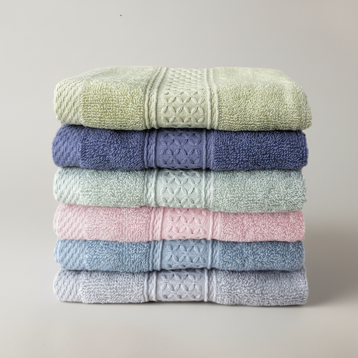 Stacked cotton bath, hand, and wash towels, six-piece set for bathroom, rustic decor