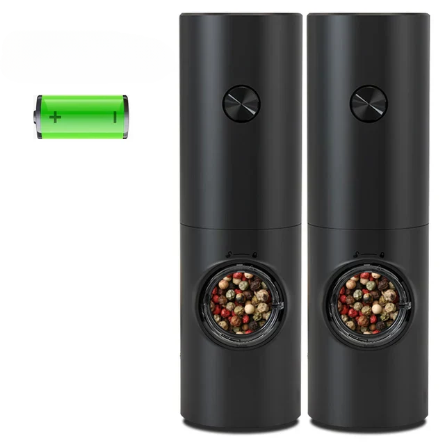 Modern electric kitchen gadget: stainless steel salt & pepper grinder set. Automatic operation.