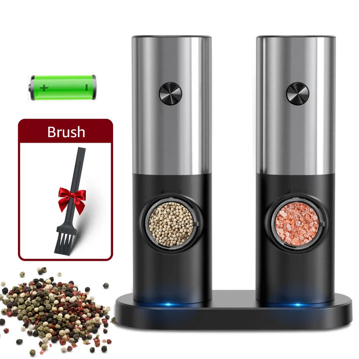 Rechargeable electric salt & pepper mill set. Sleek stainless steel design for any kitchen.